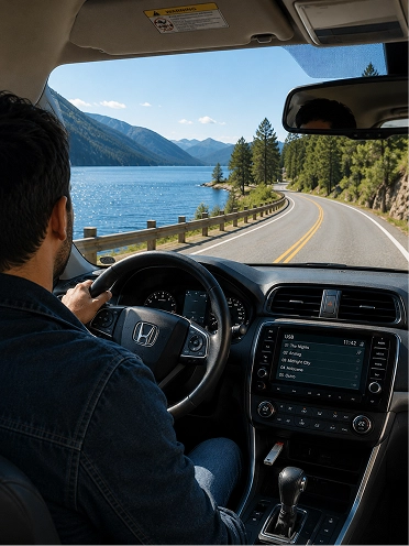 Car interior driving with scenic road and lake view