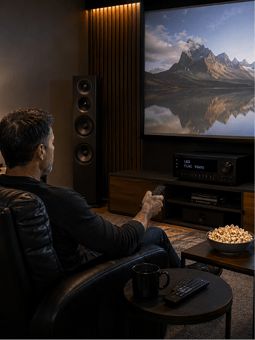Home theater AV receiver and speaker setup