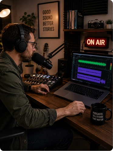 Podcast producer editing audio