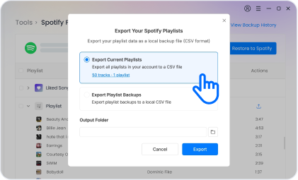 Choose to back up, restore, or export playlists