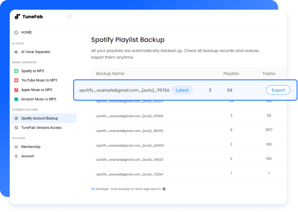 Manage Spotify backup history in TuneFab Member Center